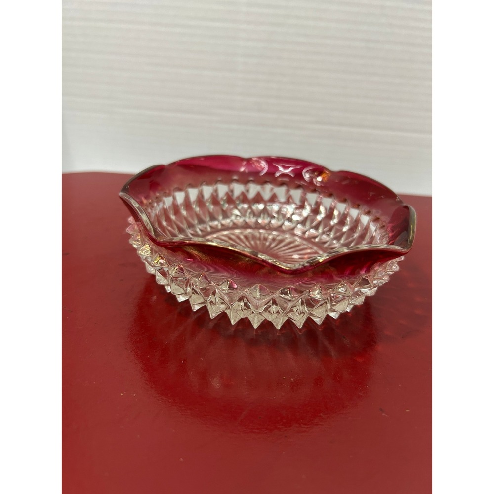 Unbranded Diamond Point Glass Bowl Ruby Red Scalloped Rim Mid Century MCM Decor